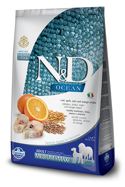 Farmina Ocean N&D Natural & Delicious Medium & Maxi Adult Cod, Spelt, Oats & Orange Dry Dog Food Supply